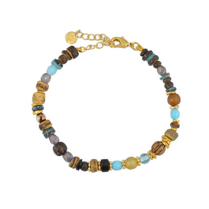 Bracelet bois turquoise et disques dorés
