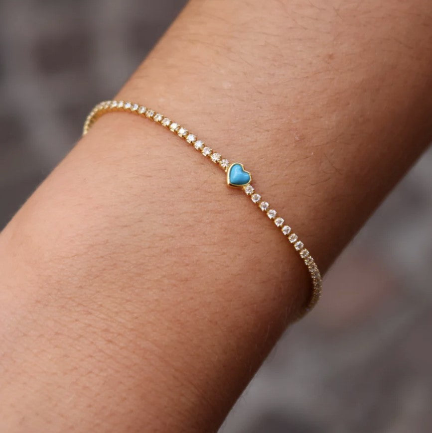 Bracelet doré tennis zircons et coeur turquoise