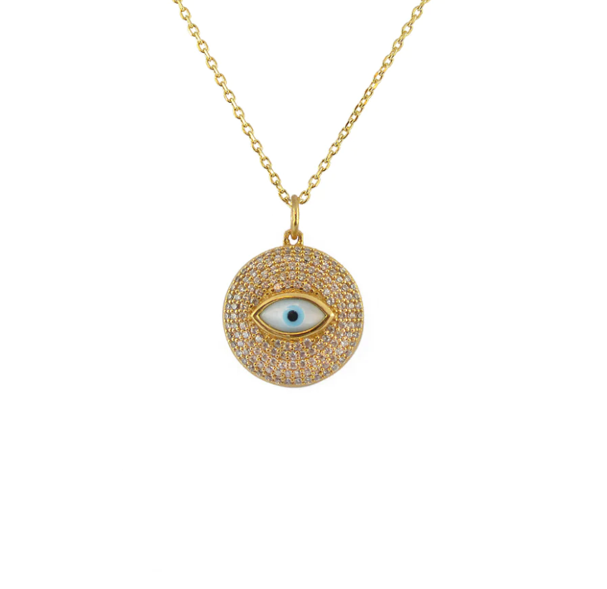 Collier doré médaille oeil en nacre et zircons